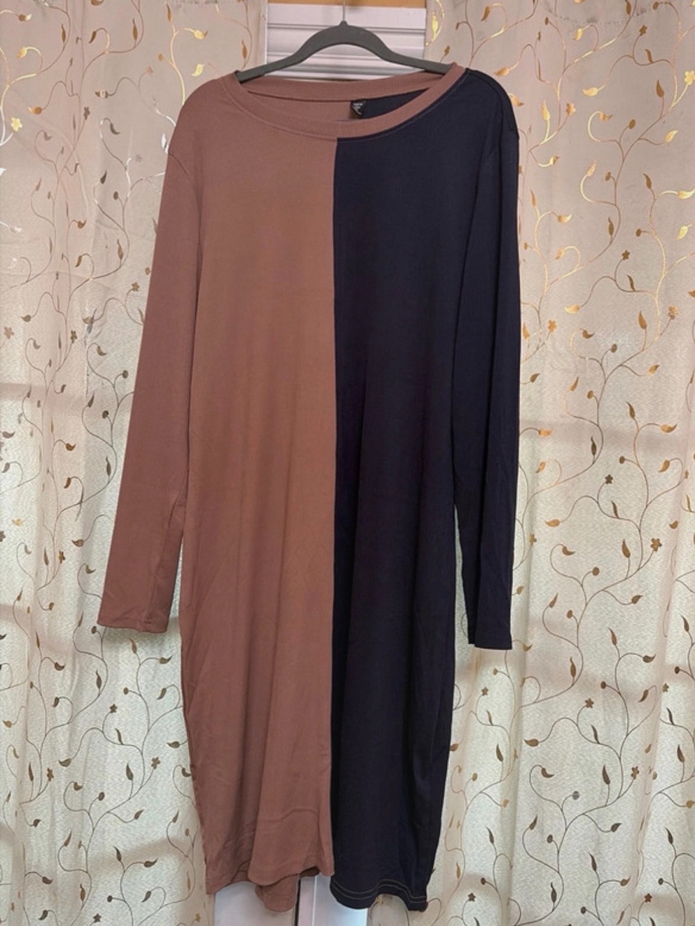 SHEIN Two-Tone Long Sleeve Midi Dress in Brown and Black